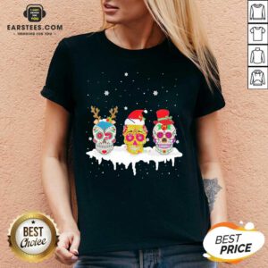 Official Sugar Skull Christmas Reindeer Santa Hat Xmas V-neck- Design By Earstees.com