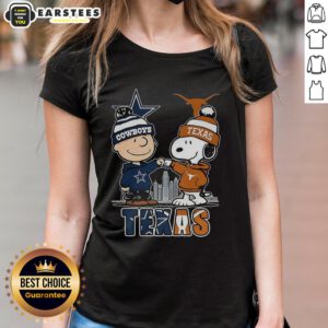 Alt Text: Ladies tee featuring Charlie Brown and Snoopy with Dallas Cowboys and Texas Longhorns skyline design.