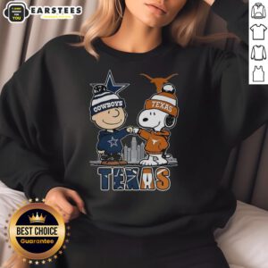 Awesome Charlie Brown sweatshirt featuring Snoopy, Dallas Cowboys, Texas Longhorns, and skyline design.