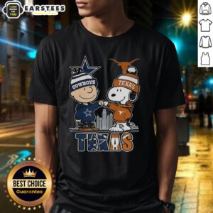 Awesome Charlie Brown Dallas Cowboys T-shirt featuring Snoopy and Texas Longhorns skyline design.