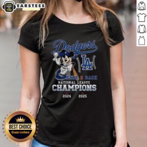 Ladies tee featuring Awesome Mickey Mouse and Los Angeles Dodgers National League Champions design 2024-2025.