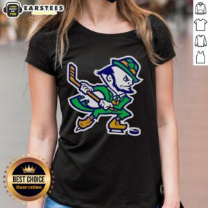 Alt Text: Awesome Notre Dame Fighting Irish Hockey leprechaun graphic on a ladies tee, perfect for fans and sports enthusiasts.