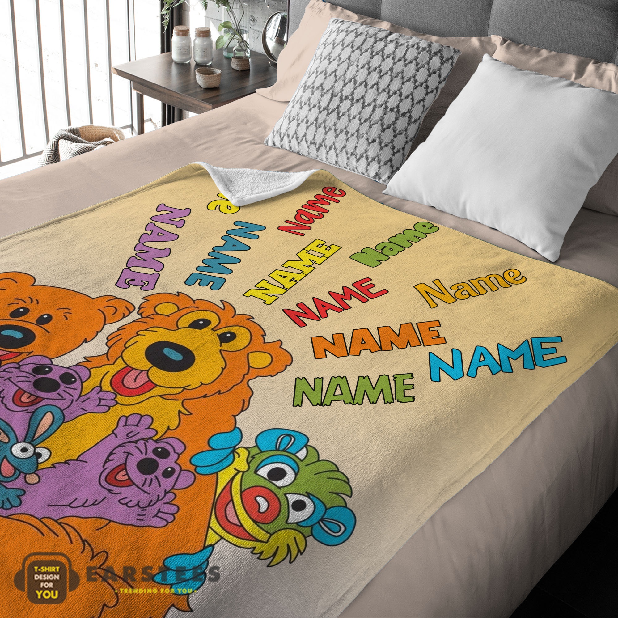 Colorful blanket featuring cartoon bears.