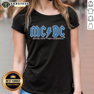 Alt Text: Ladies tee featuring Detroit Lions logo and MCDC design, celebrating Dan Campbell and Motor City pride.