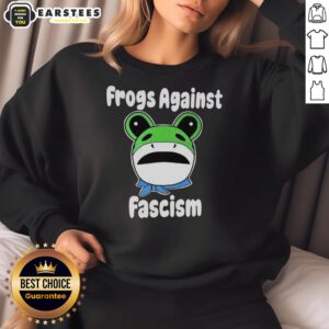 Alt Text: Hot Frogs Against Fascism meme sweatshirt featuring colorful frog graphics and bold anti-fascist text design.