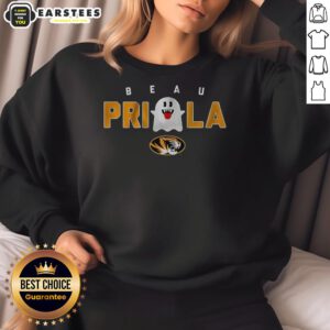 Hot Missouri Tigers football sweatshirt featuring Beau Pribula and Boo Ghost for Halloween, perfect for fans.
