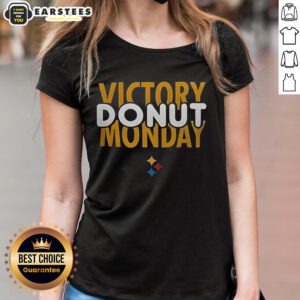 Alt Text: Hot Pittsburgh Steelers Football Victory Donut Monday Ladies Tee featuring vibrant team colors and playful design.