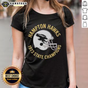 1973 State Champions helmet graphic on a Nice Hampton Hawks ladies tee, perfect for fans and collectors.