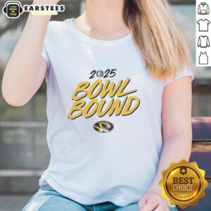 Alt Text: 2025 Nice Missouri Tigers Bowl Bound ladies tee featuring team colors and logo for fans celebrating the season.