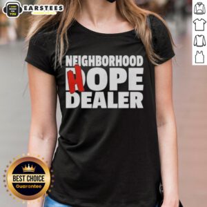 Stylish 'Hope Dealer' ladies tee in a nice neighborhood, showcasing a positive message and trendy design.
