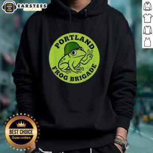 Alt Text: Nice Portland Frog Brigade Protest Hoodie featuring vibrant frog designs, promoting environmental activism and awareness.