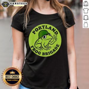Nice Portland Frog Brigade Protest Ladies Tee featuring vibrant frog graphics and bold protest messages.