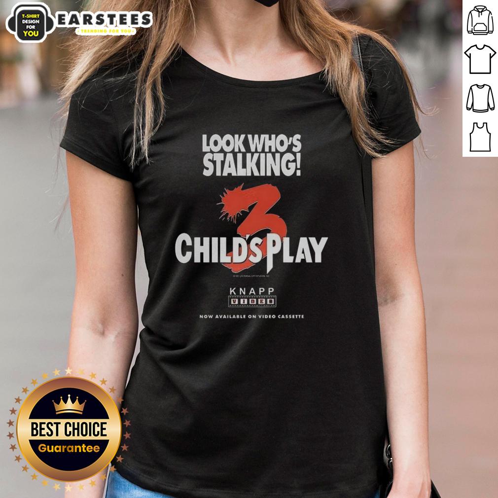 Official Chucky Child's Play 3 Halloween character ladies tee featuring a spooky design of Chucky stalking.
