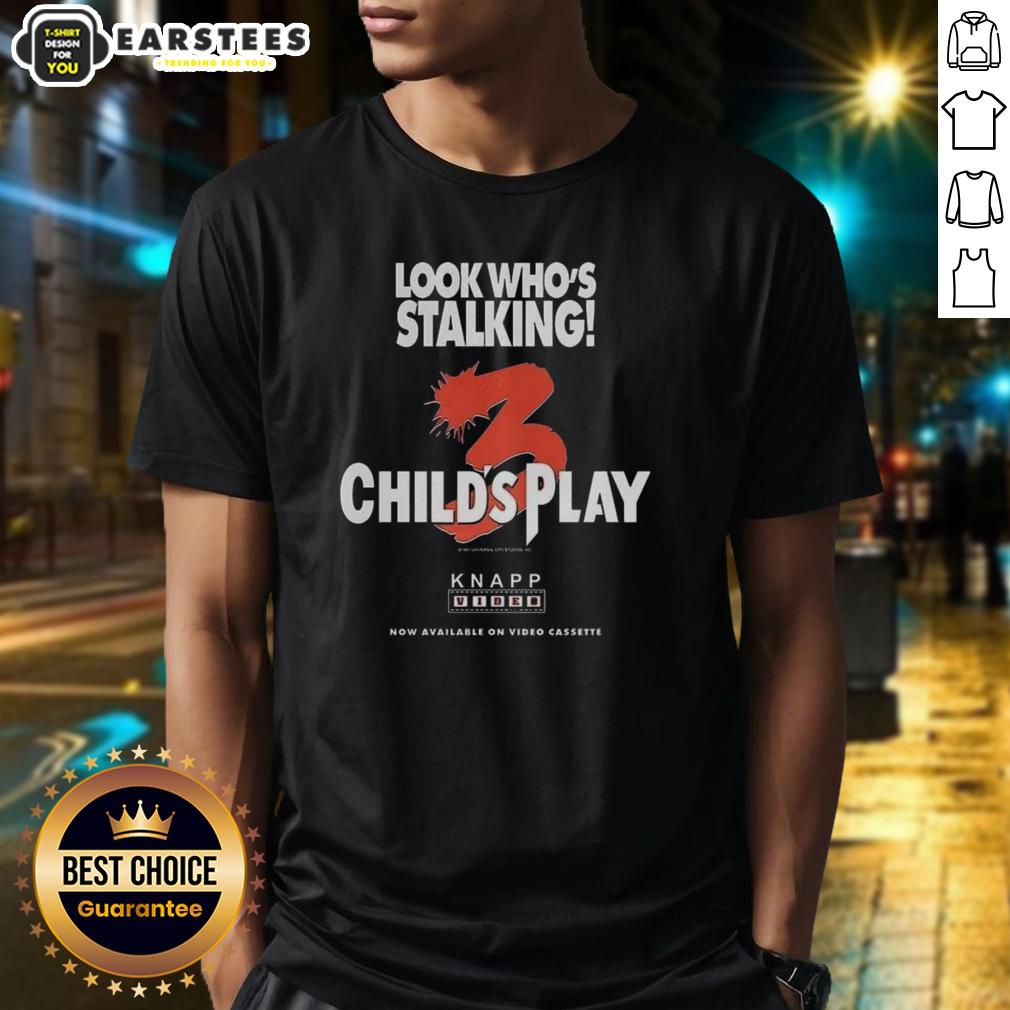 Official Chucky Child's Play 3 T-Shirt featuring 'Look Who's Stalking' Halloween characters, perfect for horror fans.