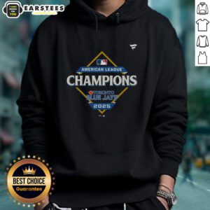 Alt Text: Official Toronto Blue Jays 2025 MLB American League Champions locker room hoodie displayed on a hanger.