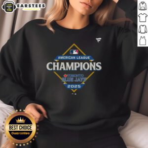 Alt Text: Official Toronto Blue Jays 2025 MLB American League Champions locker room sweatshirt displayed on a hanger.
