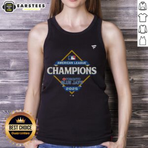 Alt Text: Official Toronto Blue Jays 2025 MLB American League Champions locker room tank top displayed on a hanger.