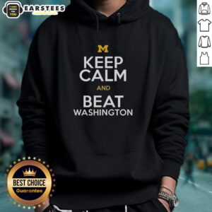 Premium Michigan Wolverines Keep Calm and Beat Washington Hoodie in navy blue with bold graphics for fans.