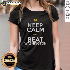 Premium Michigan Wolverines Keep Calm and Beat Washington ladies tee in navy blue, perfect for game day attire.