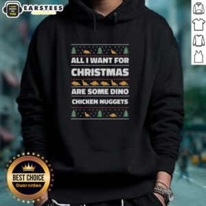 Funny Ugly Christmas Hoodie with 'All I Want for Christmas Are Some Dino Chicken Nuggets' design, perfect for holiday festivities.