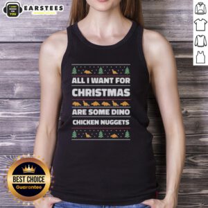 Ugly Christmas tank top featuring 'All I Want For Christmas Are Some Dino Chicken Nuggets' design, perfect for festive wear.