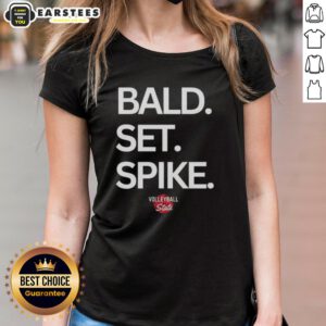 Top Bald Set Spike Volleyball State Ladies Tee showcasing team spirit and stylish design for volleyball enthusiasts.