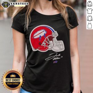 Alt Text: Top Josh Allen Buffalo Bills helmet signature ladies tee showcasing team pride and style for female fans.