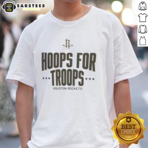 Alt Text: Awesome Hoops For Troops Houston Rockets Basketball T-Shirt featuring team logo and vibrant design.