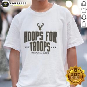 Awesome Hoops For Troops Milwaukee Bucks Basketball T-Shirt featuring team colors and logo, perfect for fans and supporters.