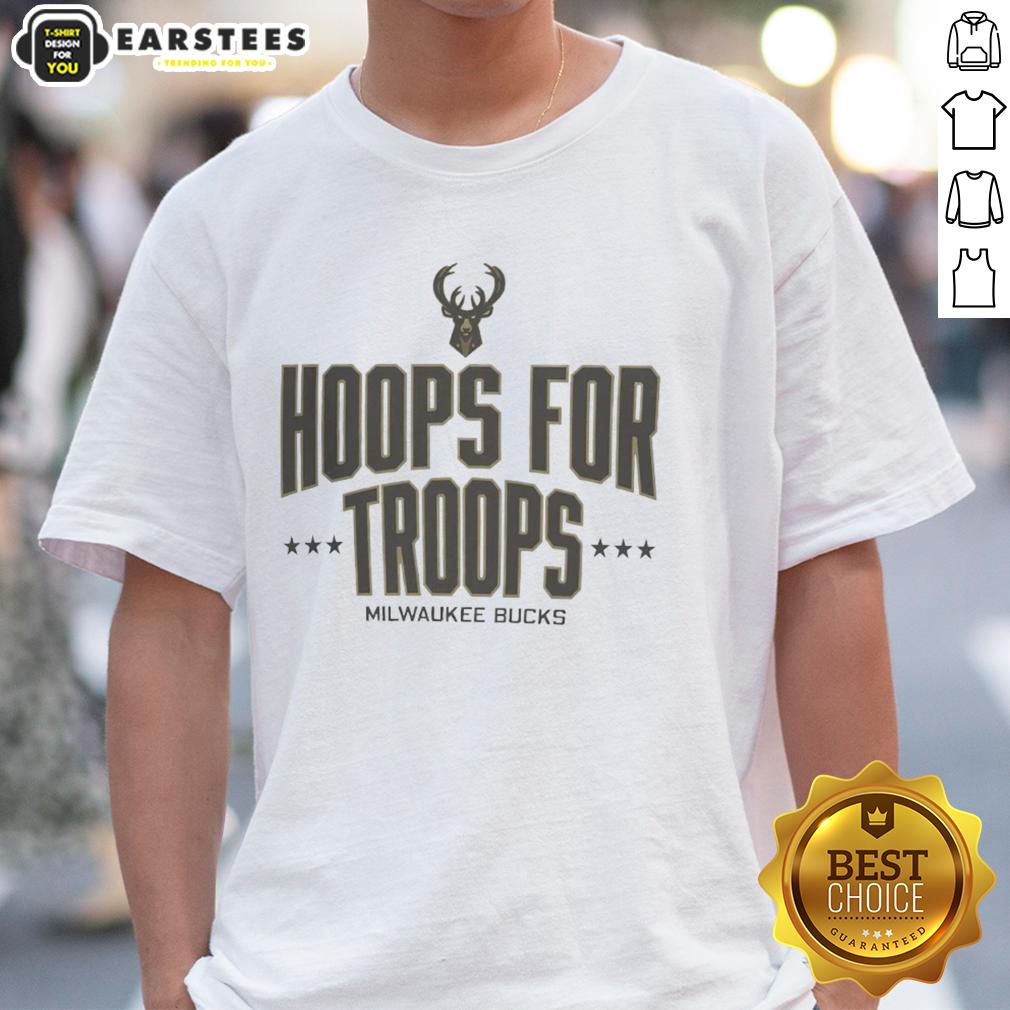 Awesome Hoops For Troops Milwaukee Bucks Basketball T-Shirt featuring team colors and logo, perfect for fans and supporters.