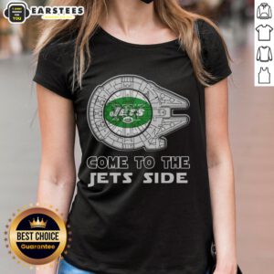 Awesome Star Wars New York Jets Side Ladies Tee featuring iconic designs for fans of both franchises.