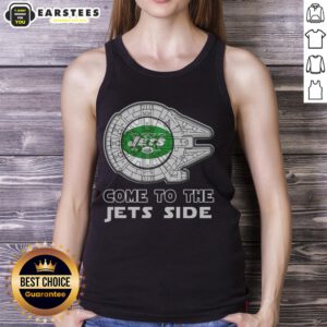 Awesome Star Wars-themed New York Jets side tank top featuring iconic characters for fans and sports enthusiasts.
