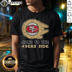 Awesome Star Wars Come To The San Francisco 49ers Side T-Shirt featuring iconic characters and team logo in vibrant colors.