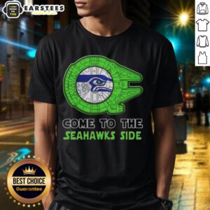 Awesome Star Wars Come To The Seattle Seahawks Side T-Shirt featuring iconic characters and team colors in a stylish design.