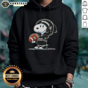Cute Peanuts Snoopy wearing a Las Vegas Raiders hoodie, smiling at fans in a cheerful, vibrant setting.