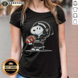 Alt Text: Cute Peanuts Snoopy in a hoodie, smiling at fans, wearing a Las Vegas Raiders tee, perfect for ladies.