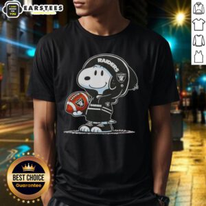 Alt Text: Cute Peanuts Snoopy in a hoodie featuring Las Vegas Raiders, smiling at fans on a trendy T-shirt.