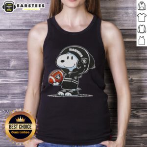 Cute Peanuts Snoopy in a Las Vegas Raiders hoodie, smiling at fans while wearing a tank top.