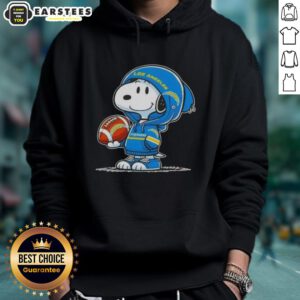 Alt Text: Cute Peanuts Snoopy wearing a hoodie, smiling at fans while showing support for the Los Angeles Chargers.