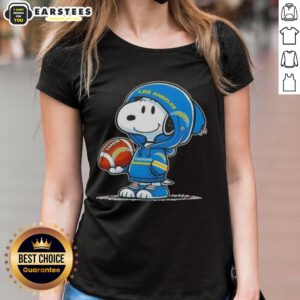 Cute Peanuts Snoopy in a hoodie smiling at fans, showcasing Los Angeles Chargers on a ladies tee.