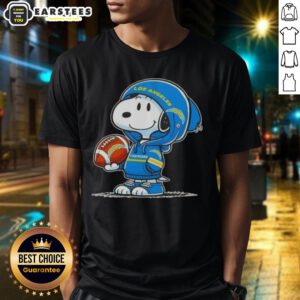 Alt Text: Cute Peanuts Snoopy in a hoodie, smiling at fans, wearing Los Angeles Chargers T-shirt, perfect for NFL fans.