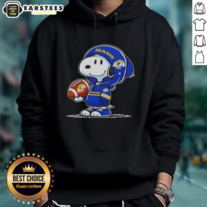 Cute Peanuts Snoopy in a Los Angeles Rams hoodie, smiling and engaging with fans at a fun event.
