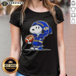 Cute Peanuts Snoopy wearing a Los Angeles Rams hoodie, smiling at fans on a ladies tee, perfect for NFL enthusiasts.