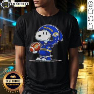 Alt Text: Cute Peanuts Snoopy in a Los Angeles Rams hoodie, smiling at fans, showcasing a fun sports-themed T-shirt design.