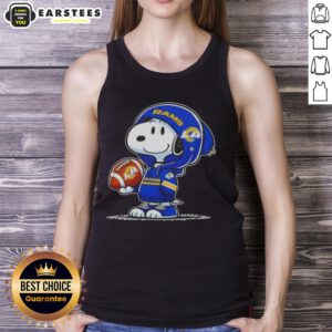 Alt Text: Cute Snoopy in a hoodie, smiling at fans while wearing a Los Angeles Rams tank top, perfect for Peanuts lovers.