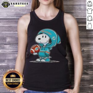 Cute Snoopy in a Miami Dolphins hoodie smiles at fans, featured on a stylish tank top design.