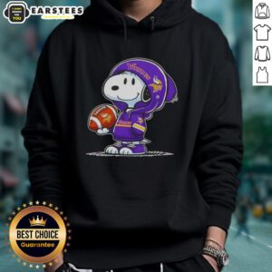 Alt Text: Cute Peanuts Snoopy in Minnesota Vikings hoodie smiling at fans, showcasing team spirit and adorable charm.