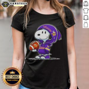 Cute Peanuts Snoopy in a hoodie smiling at fans, featuring Minnesota Vikings theme on a ladies tee.