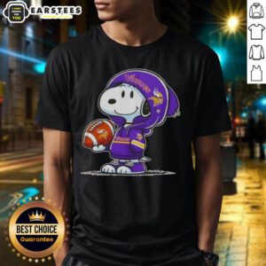 Alt Text: Cute Peanuts Snoopy in a Minnesota Vikings hoodie smiling at fans on a stylish T-shirt design.