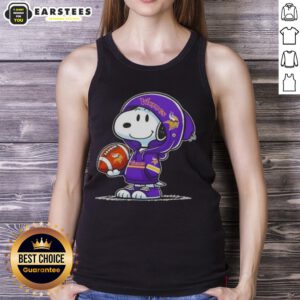 Alt Text: Cute Peanuts Snoopy wearing a Minnesota Vikings hoodie and smiling at fans on a tank top design.